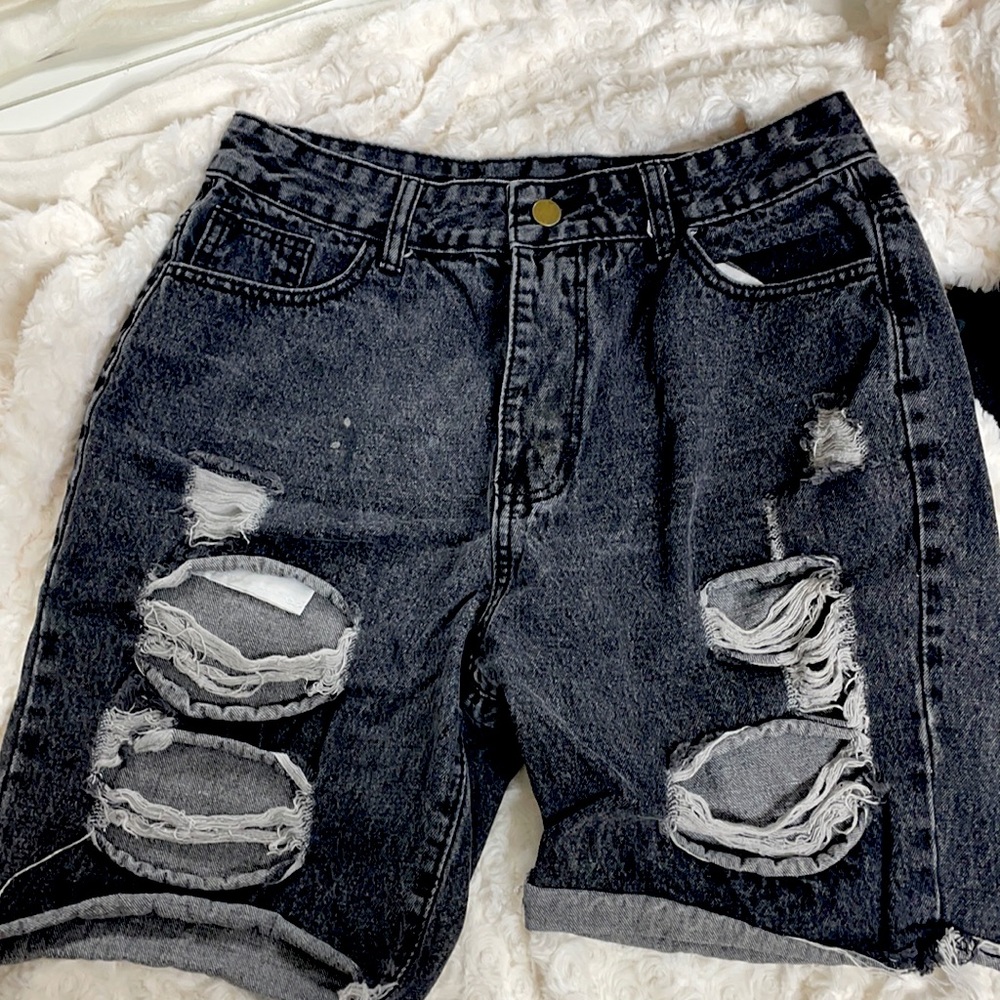 Black distressed long jean short